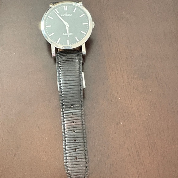 Movado Silver and Black Leather Watch - Picture 4 of 5